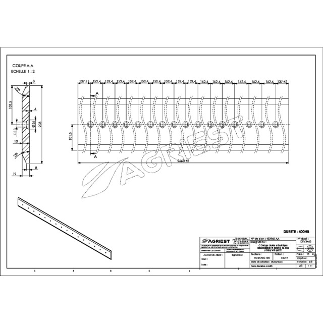Contre Lame 203X19 LG 2560 400HB 16 TRS pour VIS TFCCØ12 EA 152,4 référence fournisseur 453966